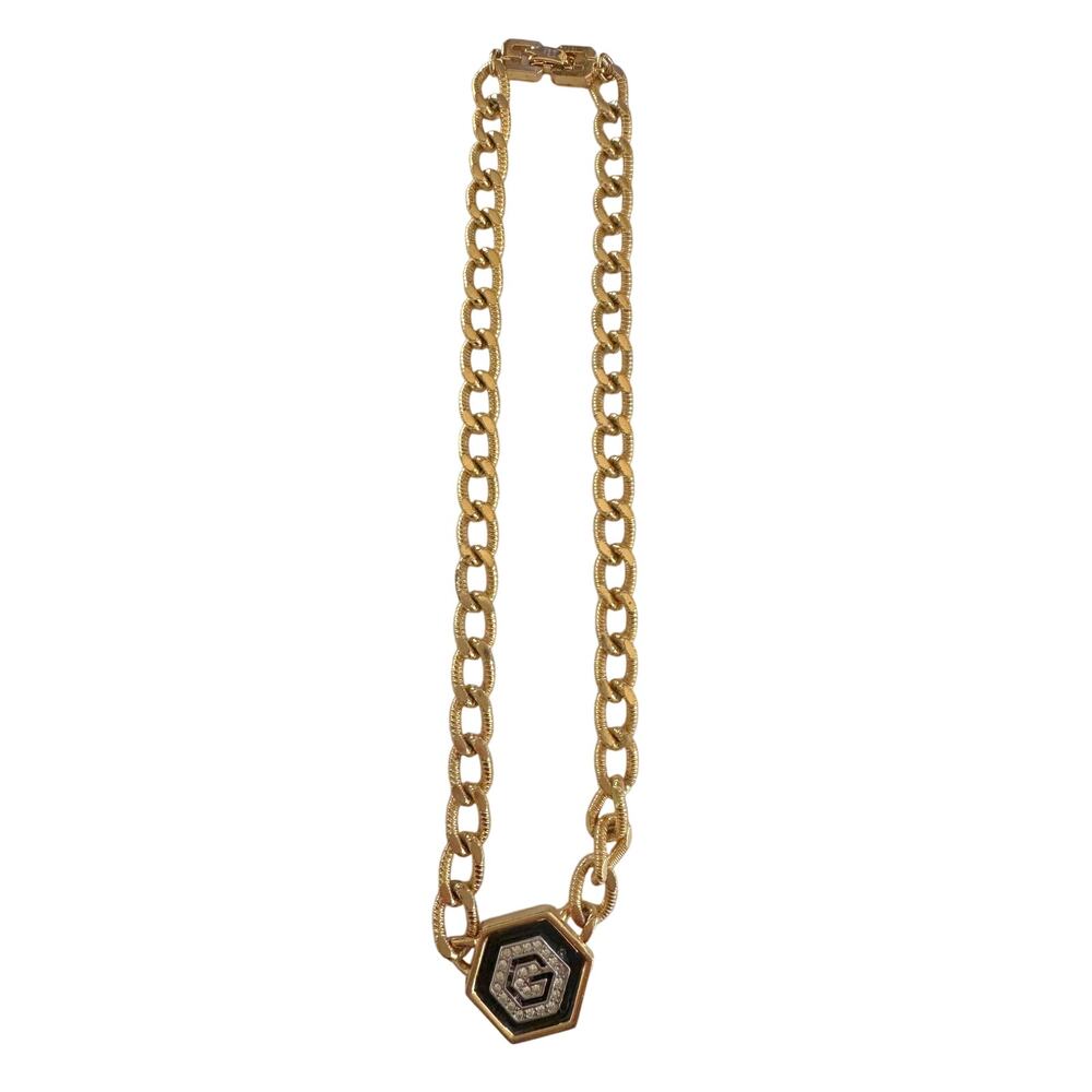 Givenchy Necklace with "G" in Hexagonal Pendant of Black Enamel and Rhinestones - Picture 11 of 15